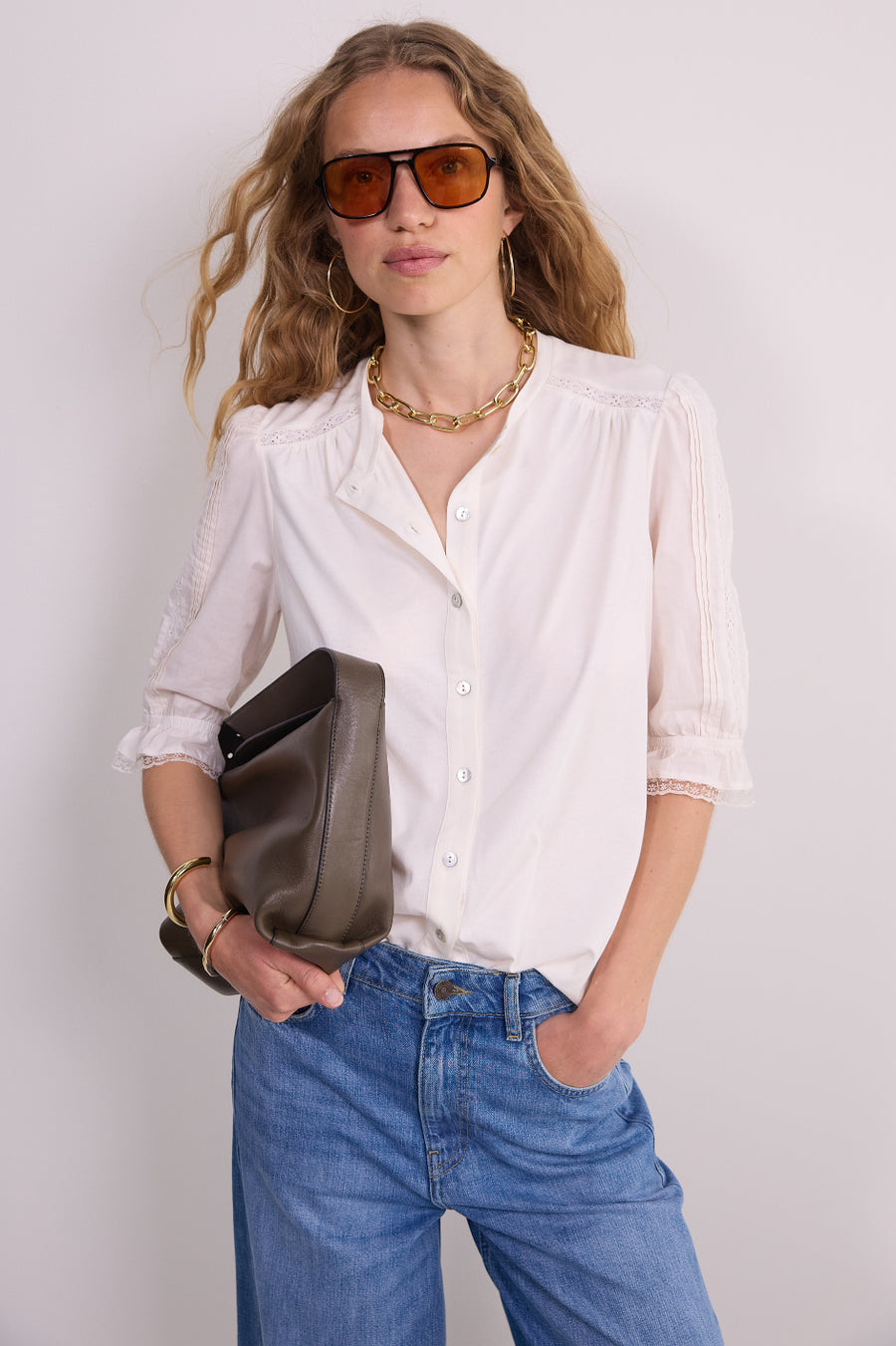 Juliette Lace Trim Jersey Mix Blouse - Ivory
