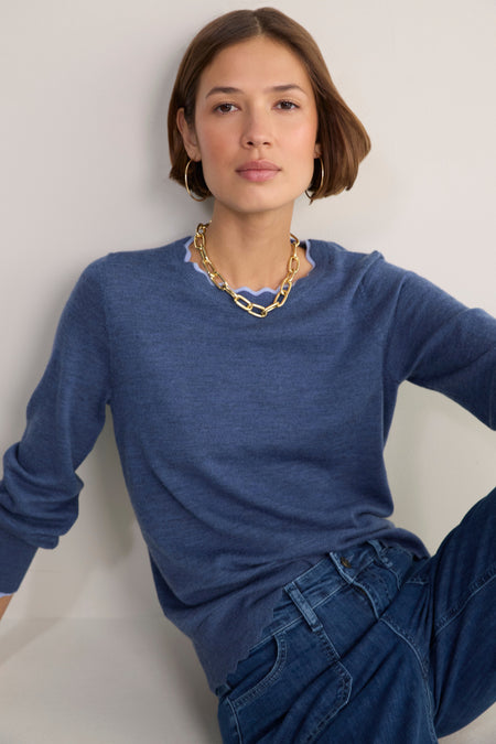 Fleurine Scallop Jumper - Denim Blue/Blue Trim