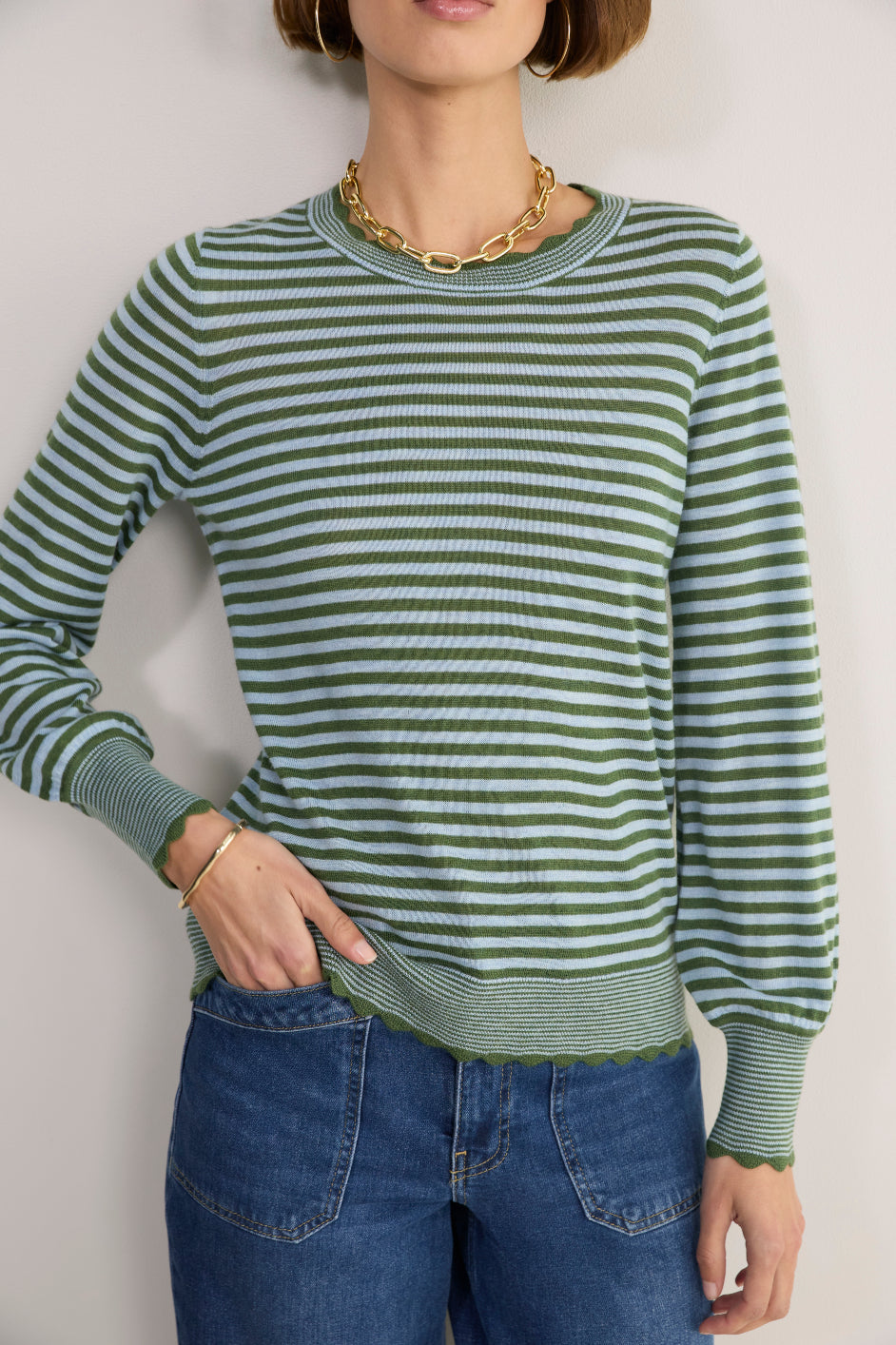 Fleurine Scallop Jumper - Olive Green/Denim Blue Micro Stripe