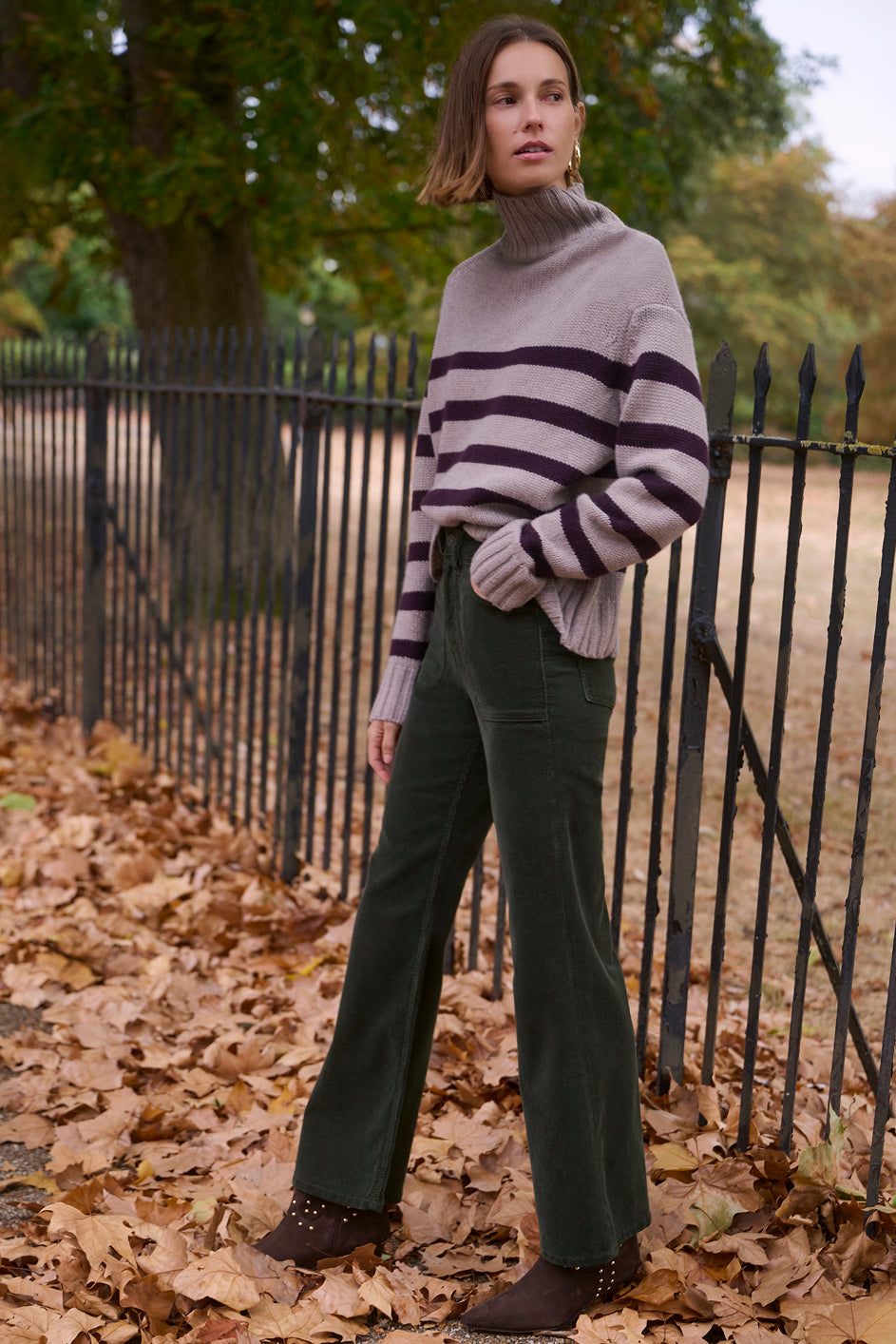 Liana Chunky Funnel Neck Jumper - Taupe/Aubergine Stripe