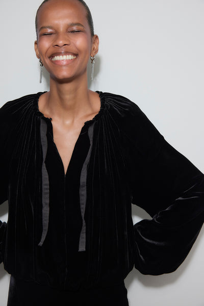 Penelope Silk Velvet Puffball Jacket - Black