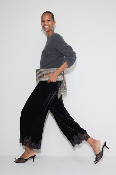 Florence Silk Velvet Lace Trim Trouser - Black