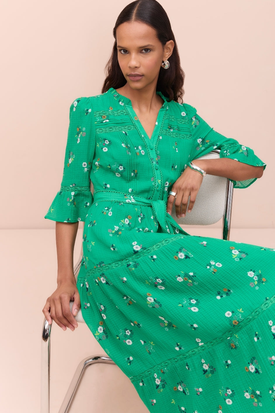 Samara Silk Blend Dress - Jade Green Spaced Floral