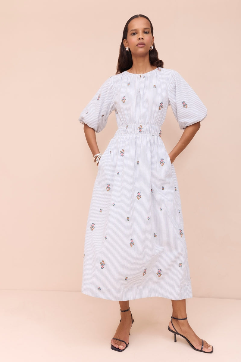 Evelyn Dress - Embroidered Stripe