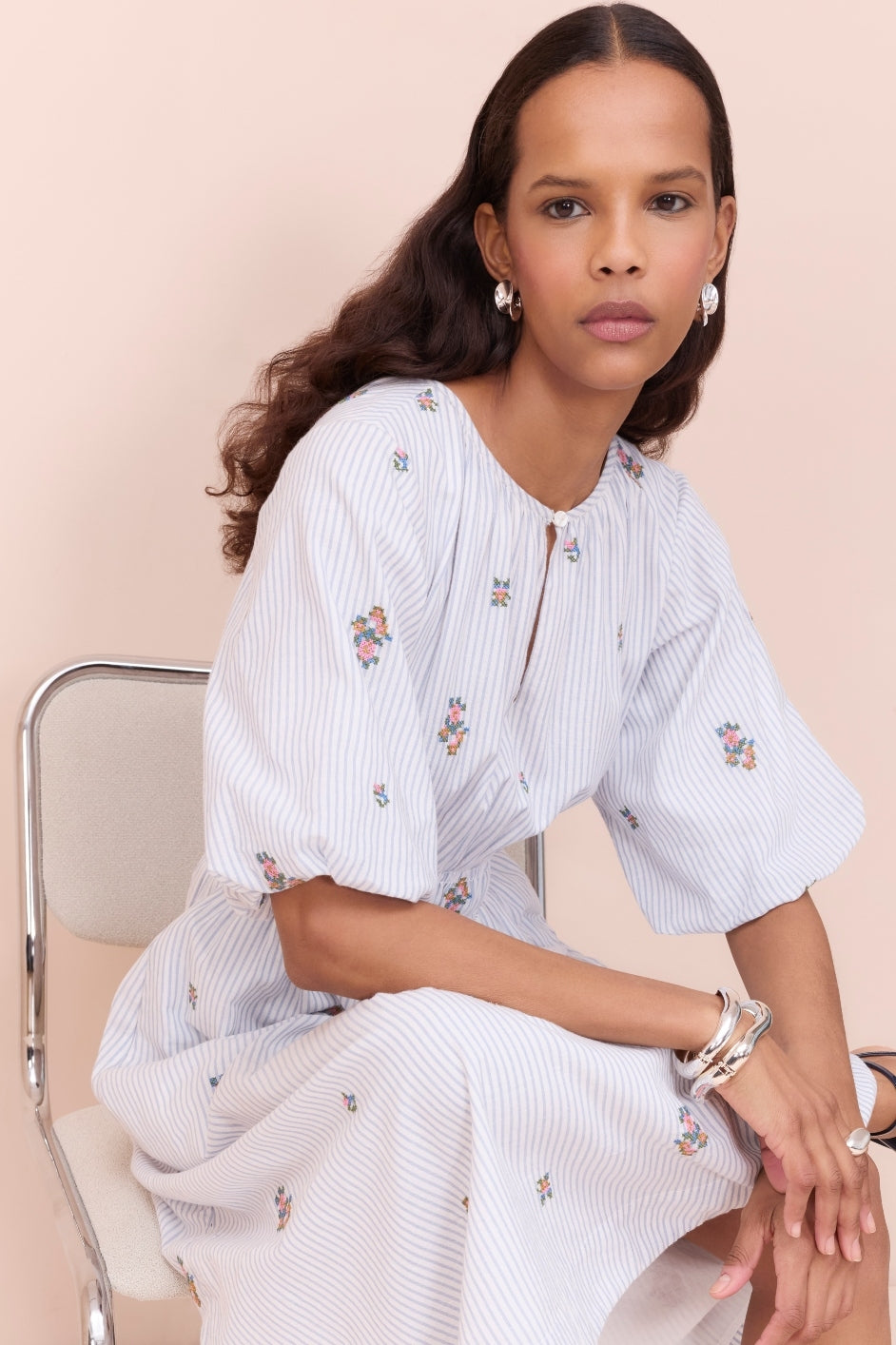 Evelyn Dress - Embroidered Stripe