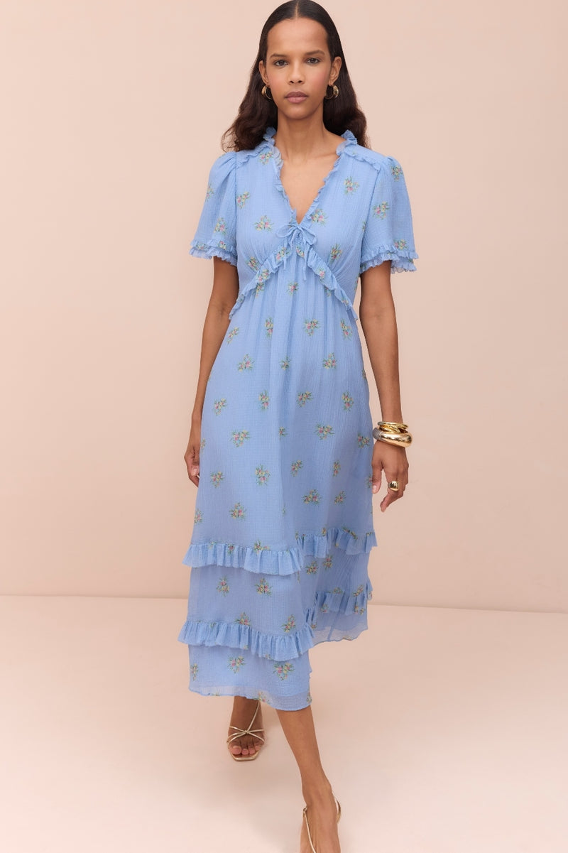 Lyra Silk Blend Dress - Blue Floral Cluster