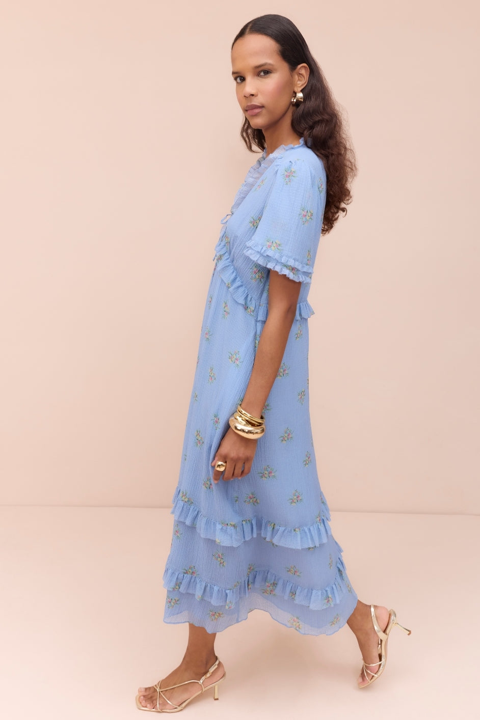 Lyra Silk Blend Dress - Blue Floral Cluster