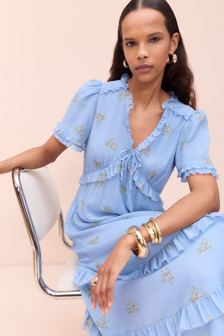 Lyra Silk Blend Dress - Blue Floral Cluster