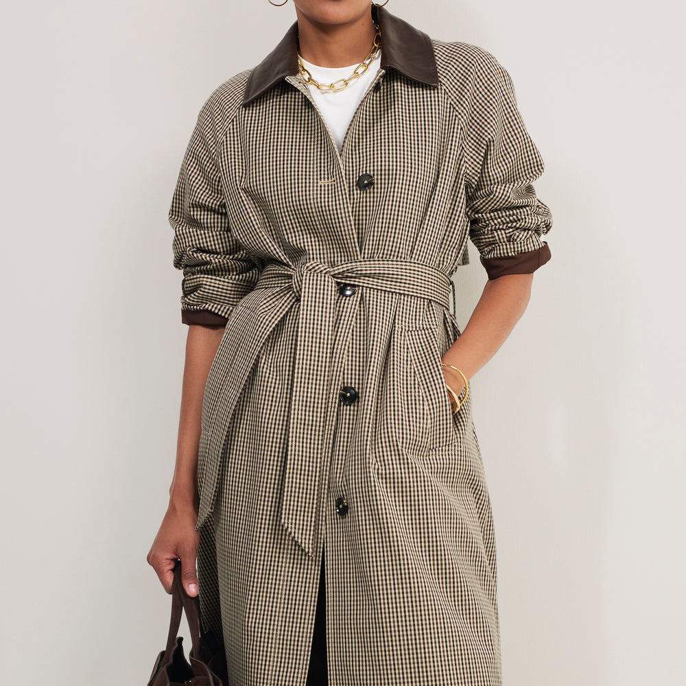 Addie Check Trench Coat - Beige/Chocolate Check