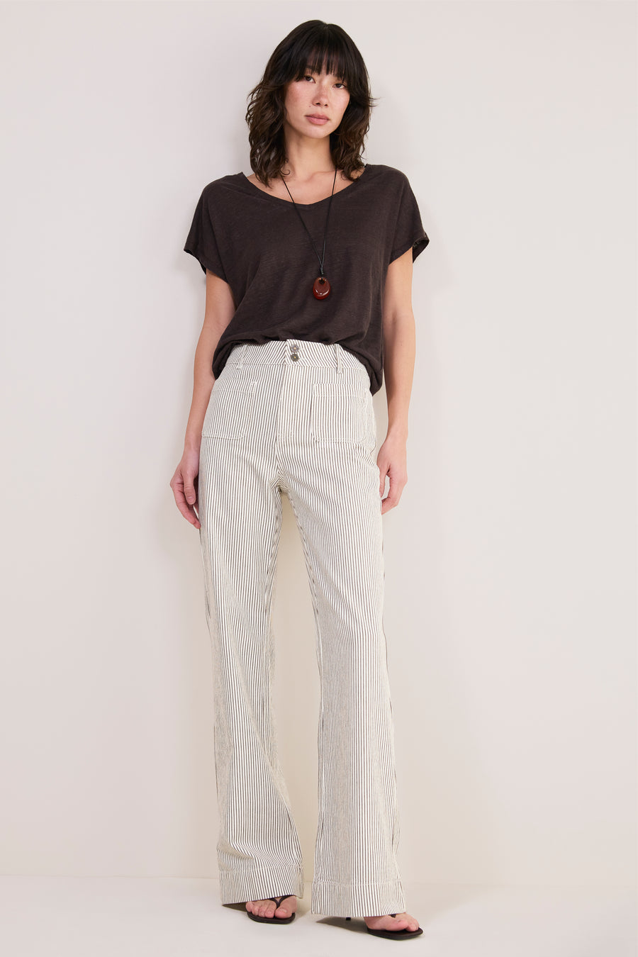 Agnes Patch Pocket Trouser - Cocoa/Ecru Stripe
