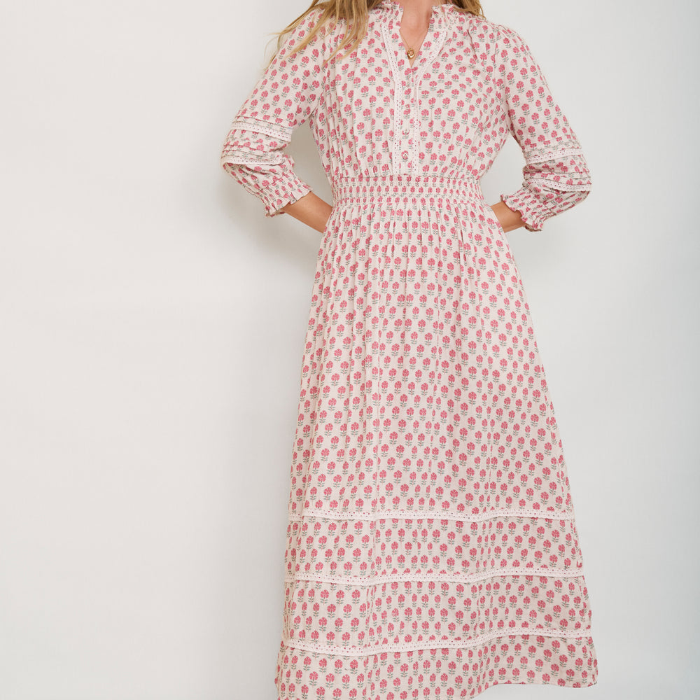 Alina Dress - Ivory/ Pink Woodblock