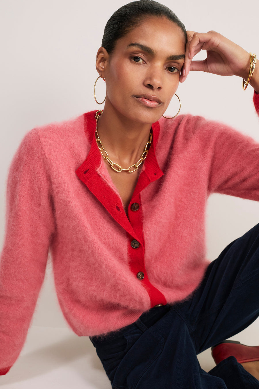 Amalie Cardigan - Pink/Red Trim