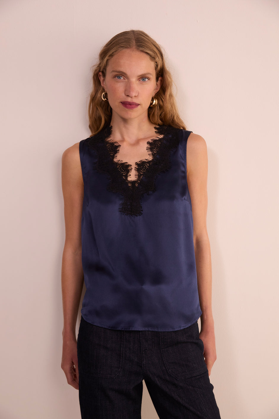 Amelie Silk Satin Lace Cami - Midnight/Black