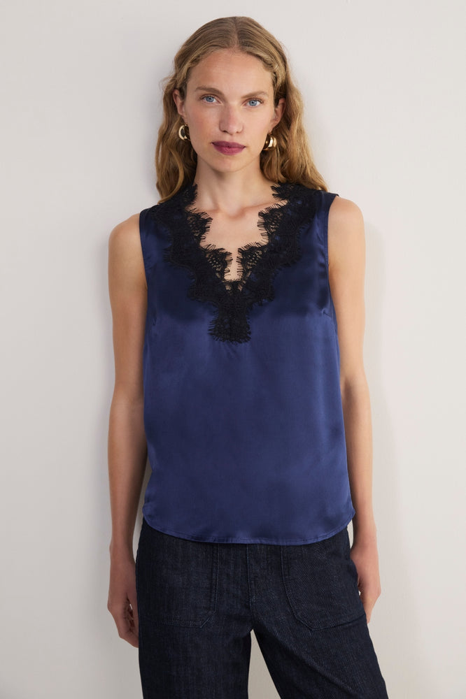 Amelie Silk Satin Lace Cami - Midnight/Black