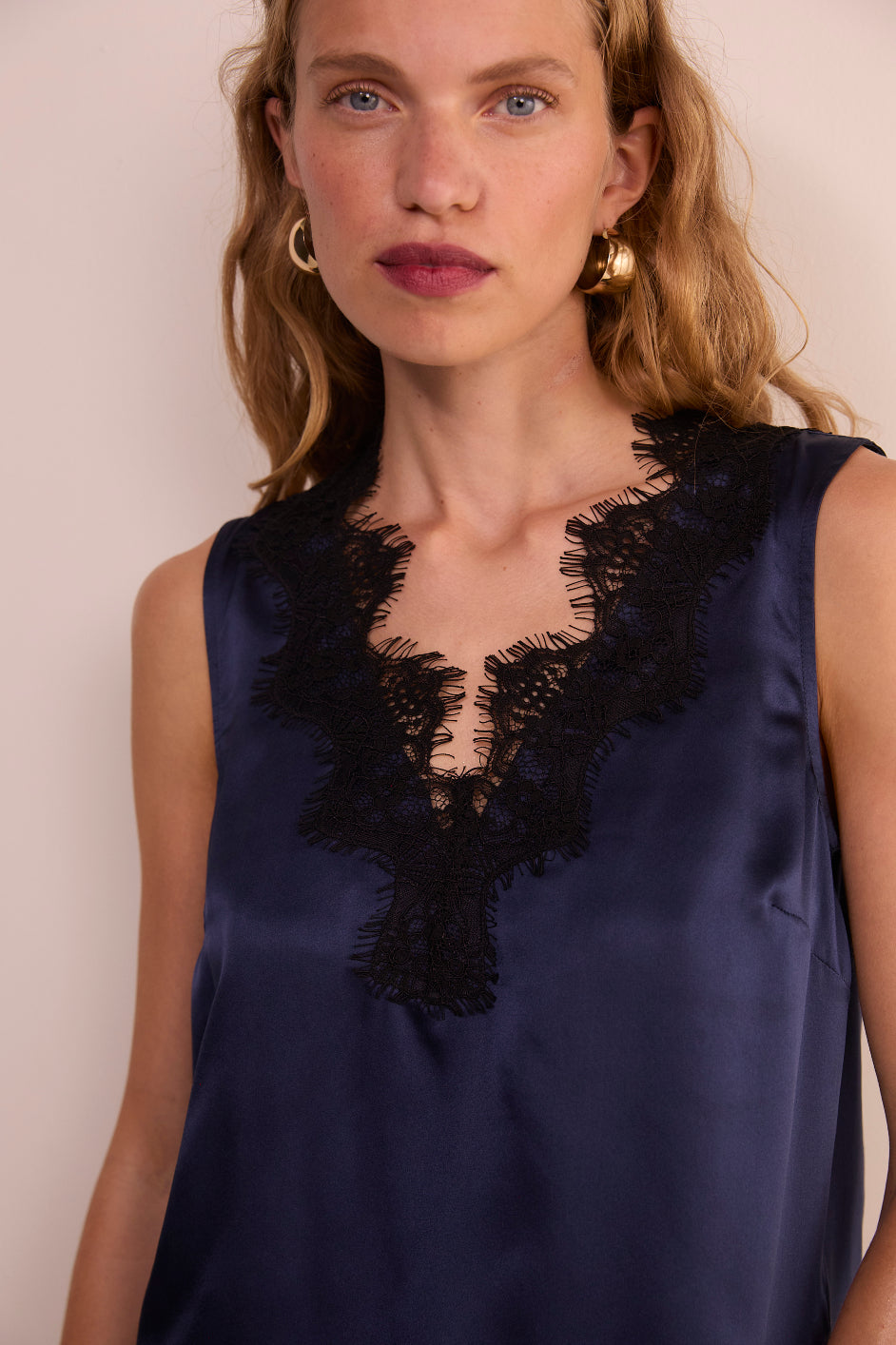Amelie Silk Satin Lace Cami - Midnight/Black