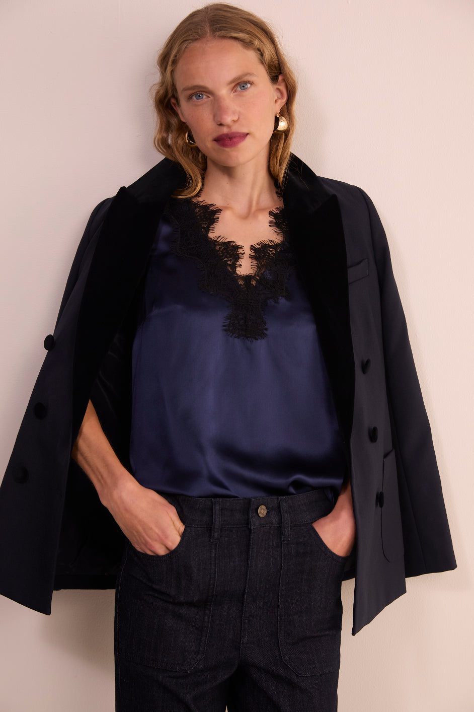 Amelie Silk Satin Lace Cami - Midnight/Black