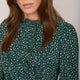 Detail of the neck frill and texture of the forest green plisse dress