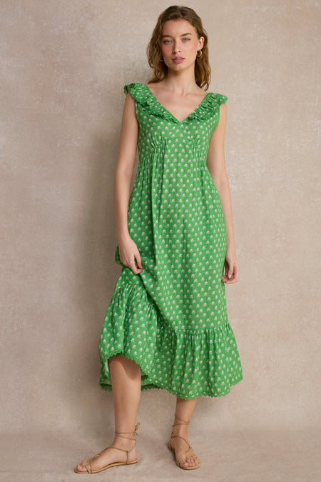 Astrid Dress - Jade Green Flora Woodblock