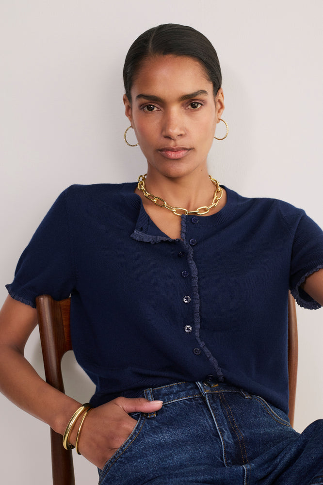 Ayla Trim Short Sleeve Cardigan - Midnight