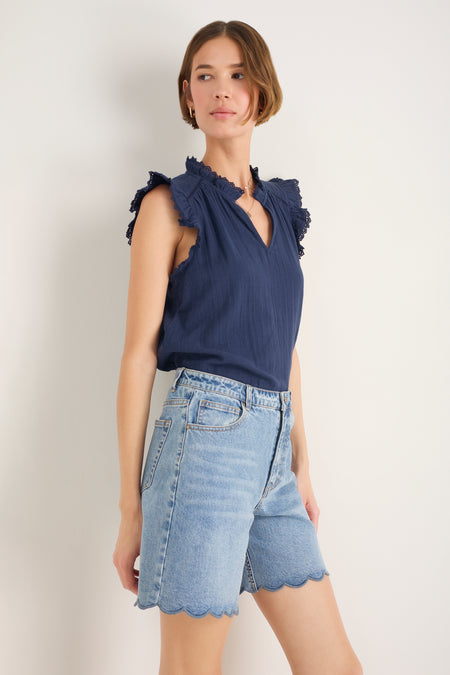 Brielle Long Scallop Short - Mid Wash