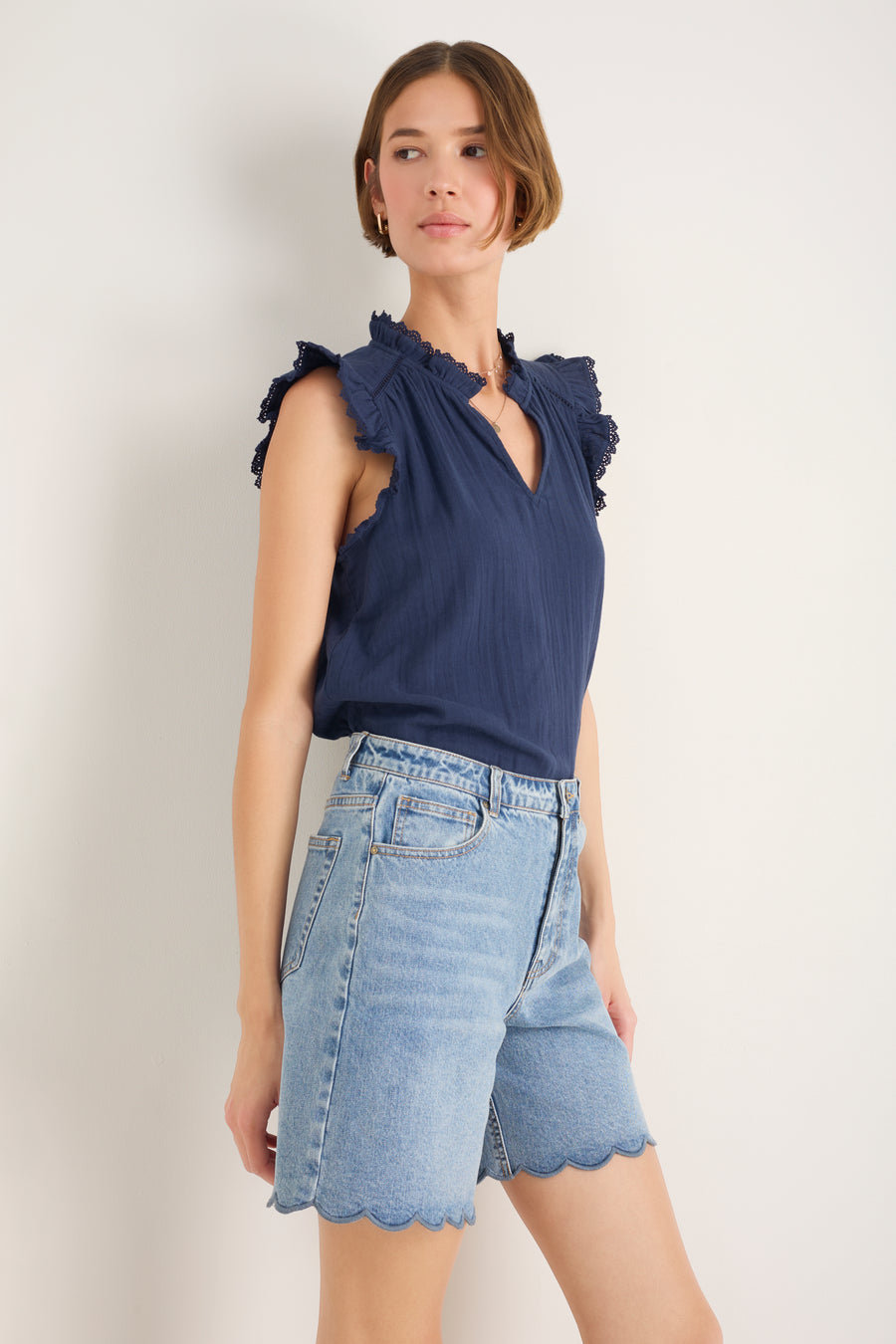 Brielle Long Scallop Short - Mid Wash