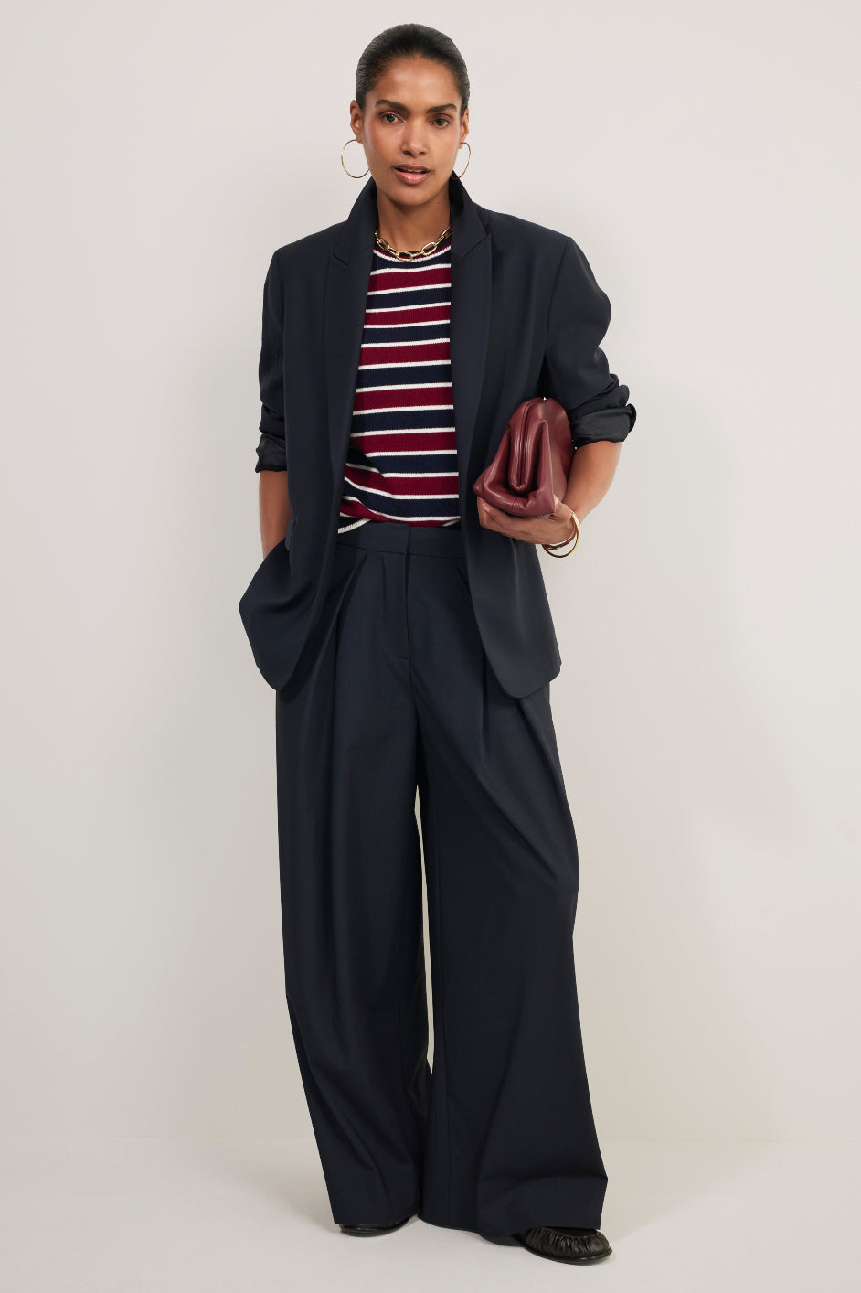 Caley Knitted Top - Navy/Aubergine/Ivory Stripe