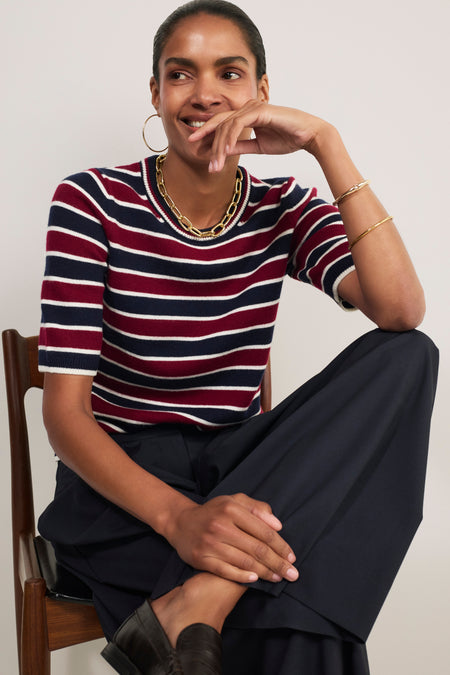 Caley Knitted Top - Navy/Aubergine/Ivory Stripe