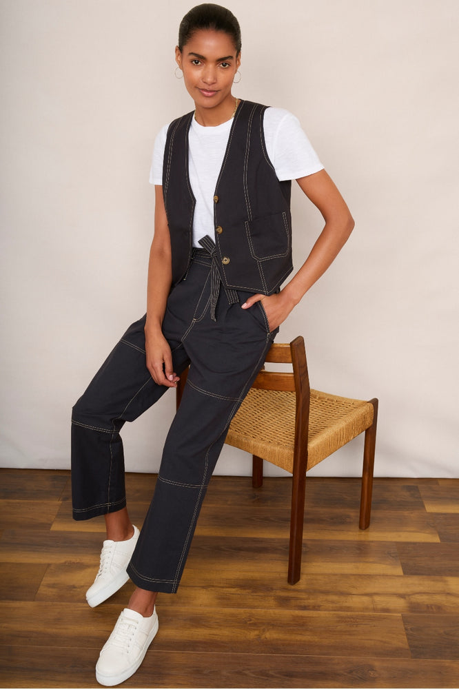 Cara Cotton Top Stitch Waistcoat - Washed Black