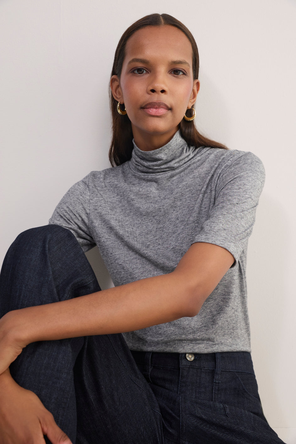 Carly Wool Blend Short Sleeve Top - Charcoal Grey
