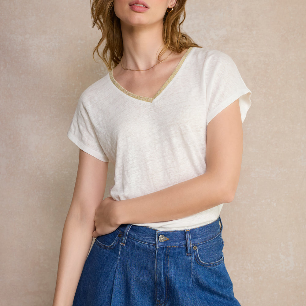 Chiara Linen V Neck Tee - White