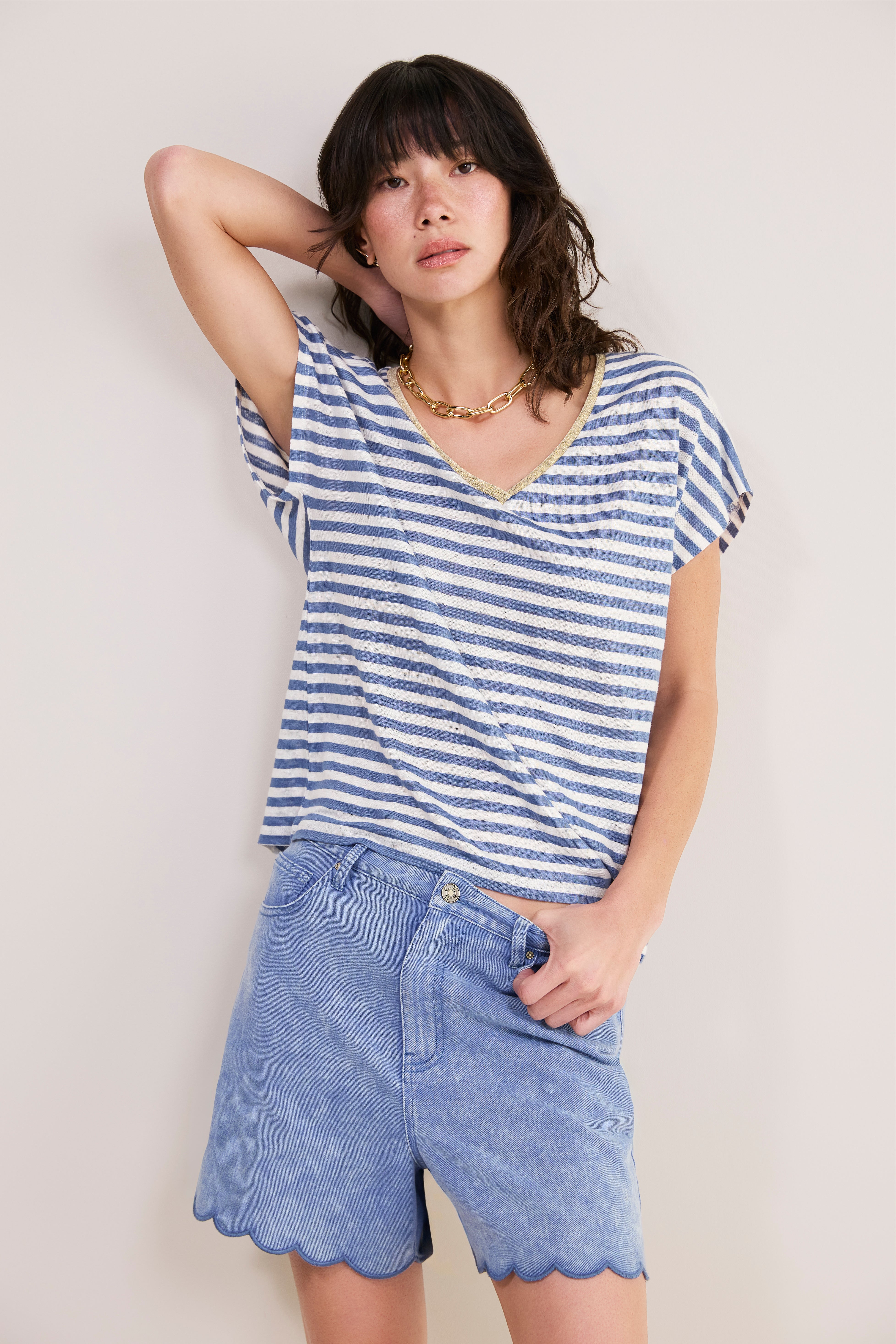 Chiara Linen V Neck Tee - Denim Blue/Ivory Stripe