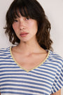 Chiara Linen V Neck Tee - Denim Blue/Ivory Stripe