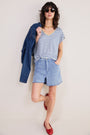 Chiara Linen V Neck Tee - Denim Blue/Ivory Stripe