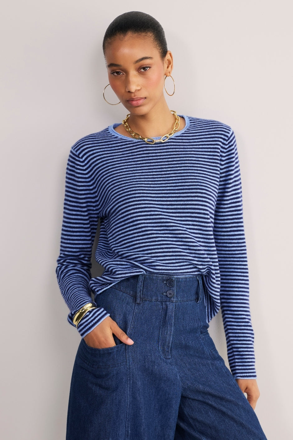 Chrissie Cashmere Jumper - Midnight/Chambray Blue Micro Stripe