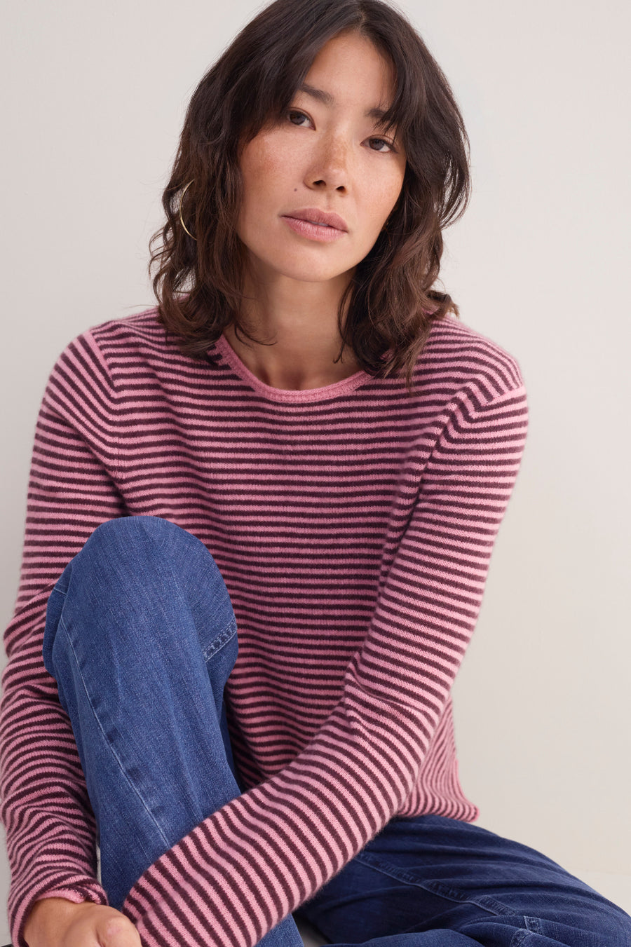 Chrissie Cashmere Jumper - Raisin/Pink Micro Stripe