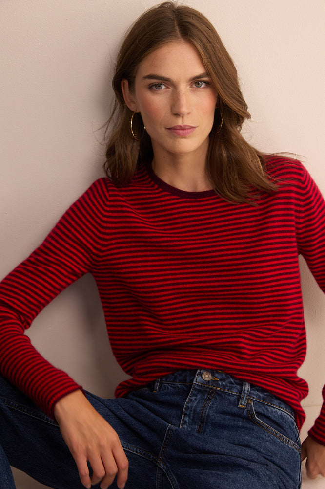 Chrissie Cashmere Jumper - Red/Aubergine Micro Stripe