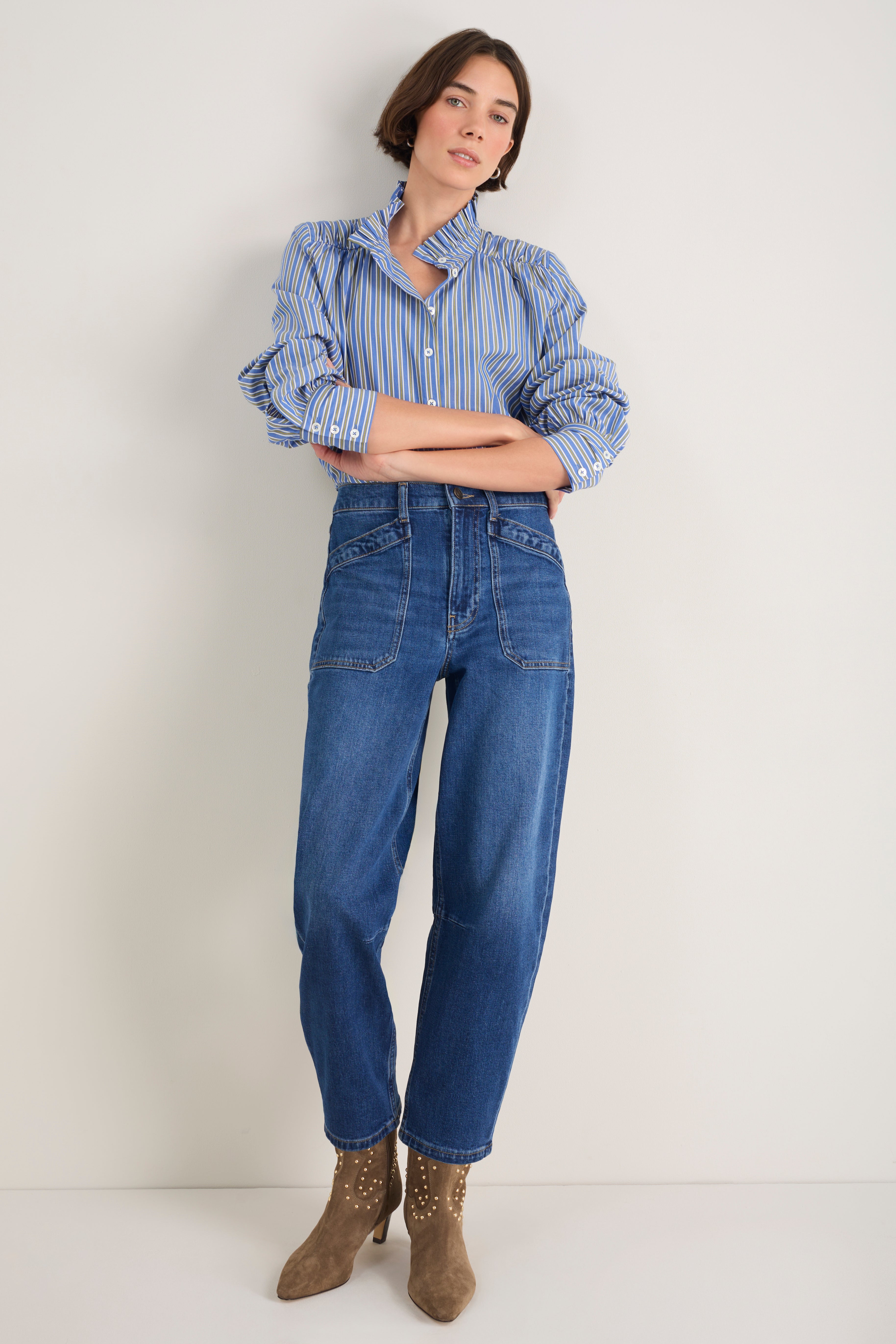 Clemmy Classic Shirt - Mid Blue/Green Stripe