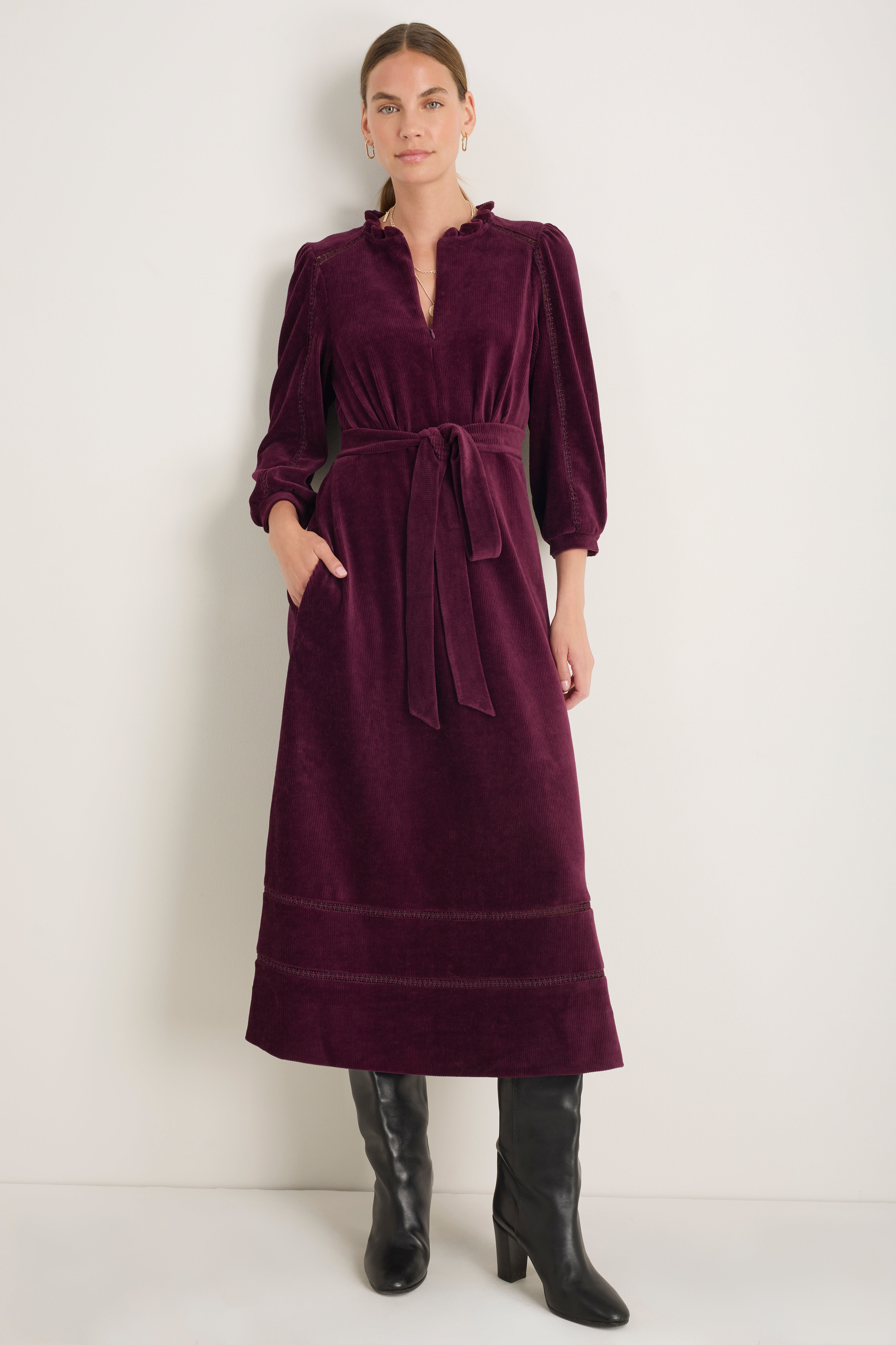 Pia Cord Velour Dress - Deep Fig