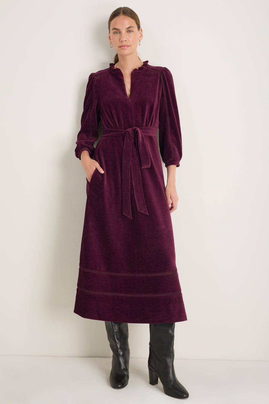Pia Cord Velour Dress - Deep Fig