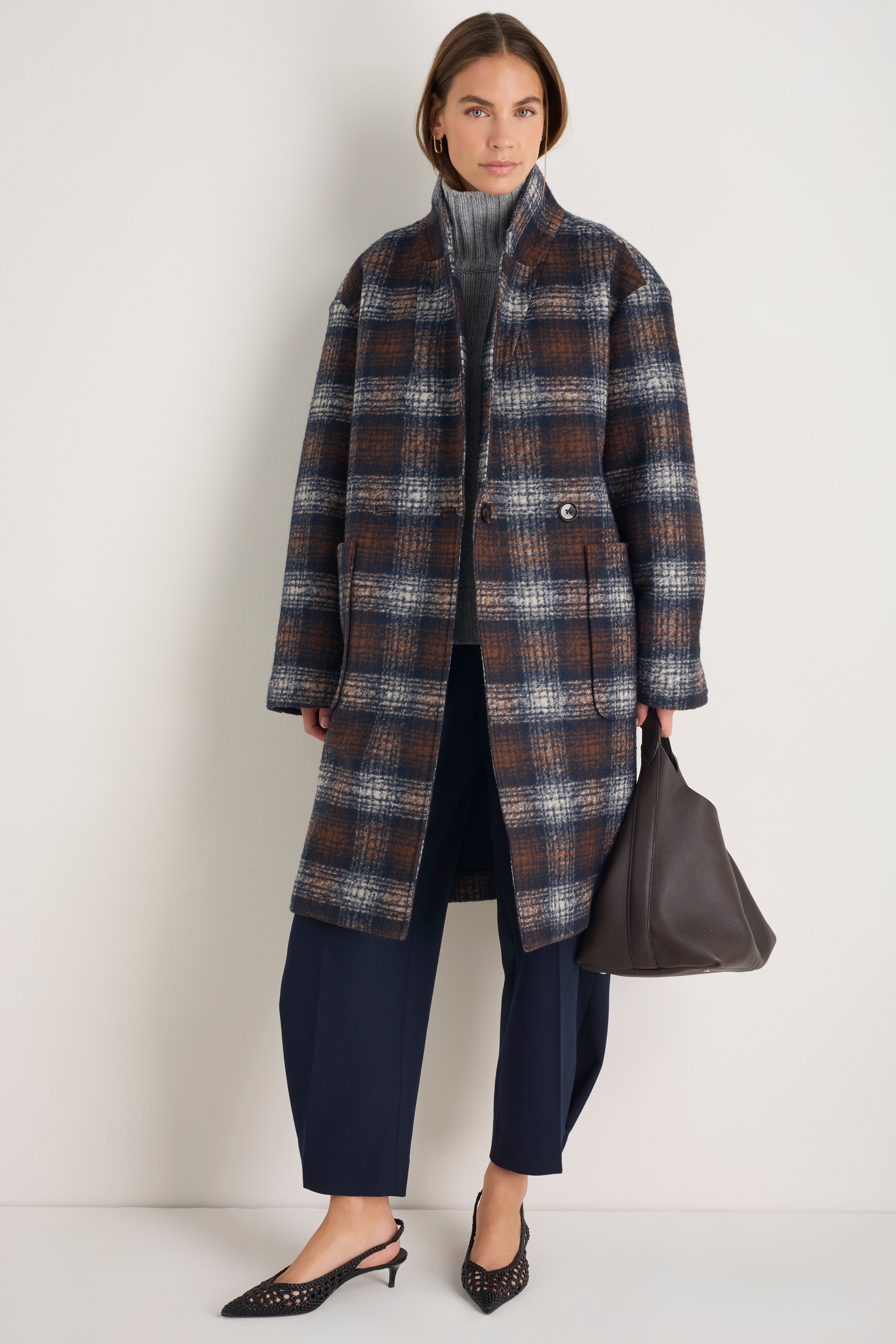 DB x Wyse Cocoon Coat - Brown/Blue Check