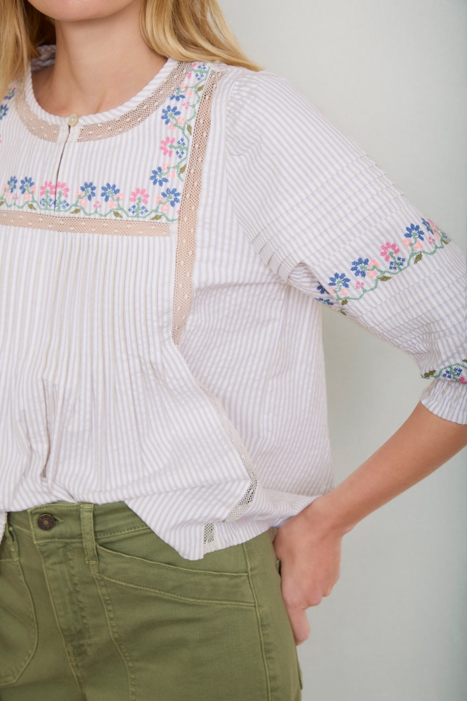 Deandra Embroidered Blouse - Green Stripe