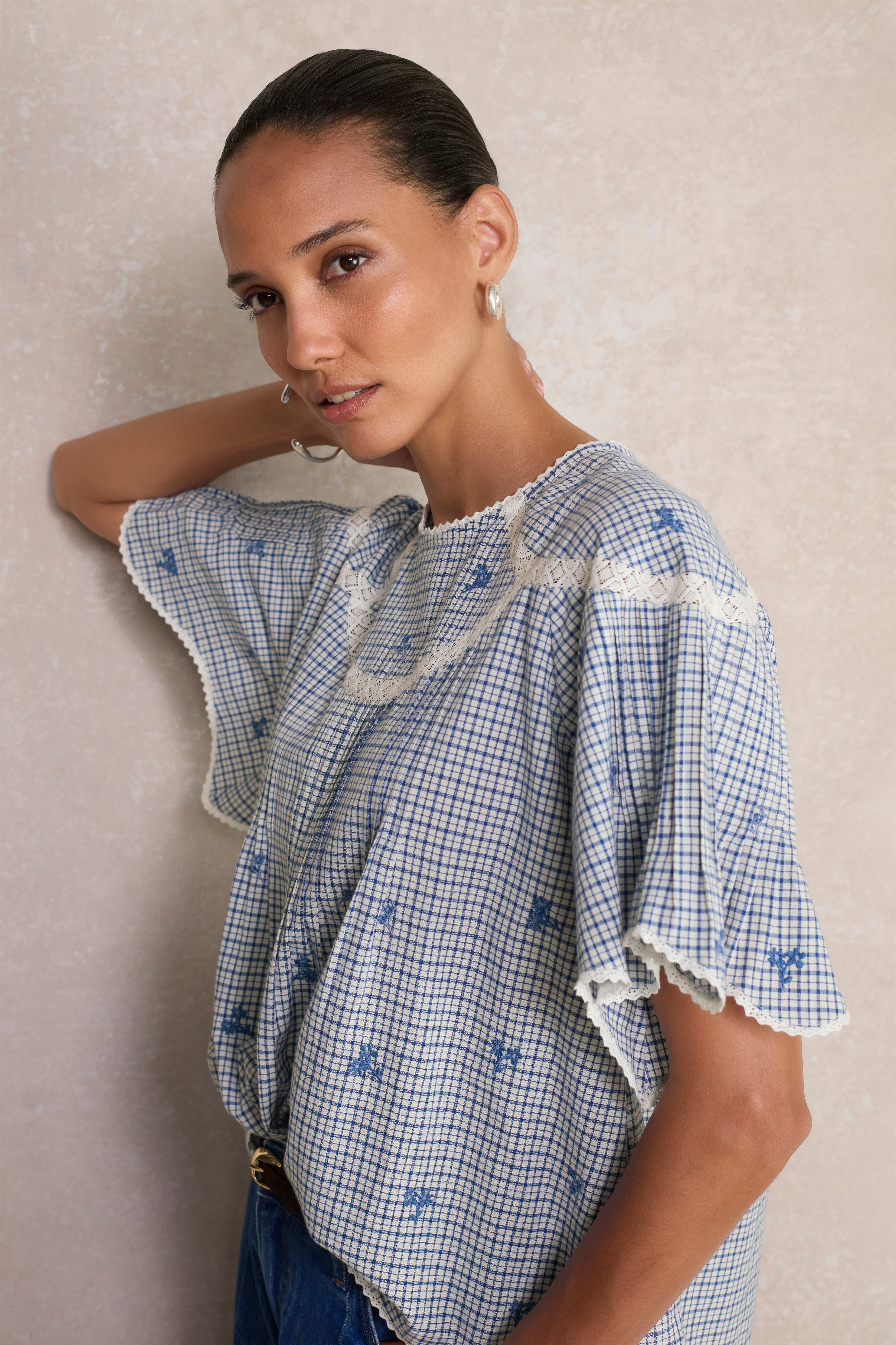 Dominique Top - White/Blue Check