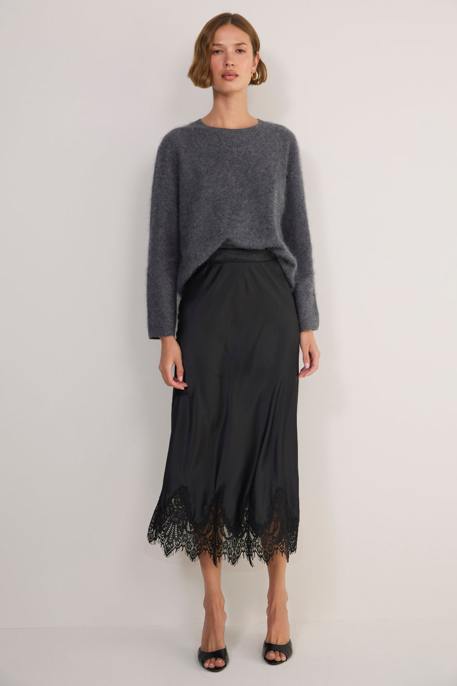 Ella Silk Lace Trim Skirt - Black