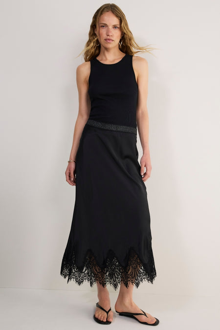 Ella Silk Lace Trim Skirt - Black