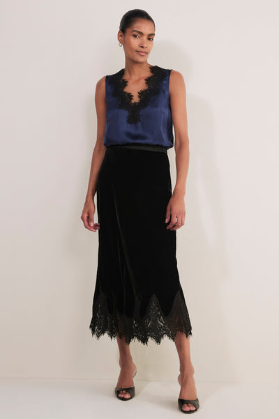 Ella Silk Velvet Lace Trim Skirt - Black