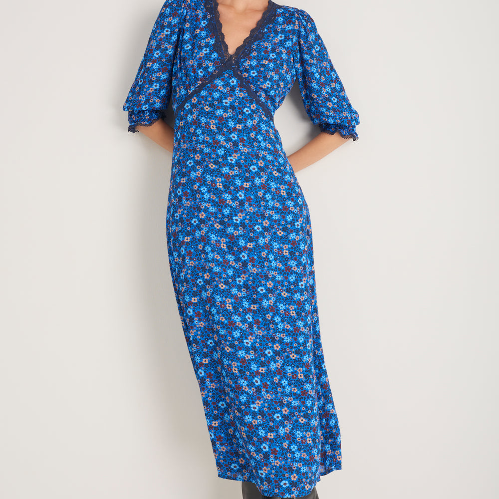 Elodie Dress - Cobalt Retro Ditsy