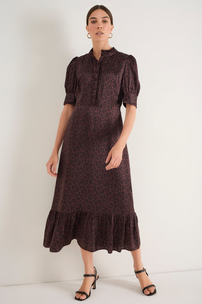 Fabienne Silk Dress - Deep Fig Leopard