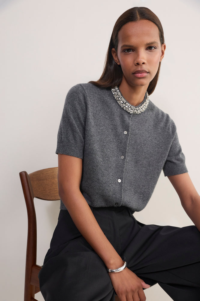 Felicity Embellished Neck Cardigan - Charcoal Grey