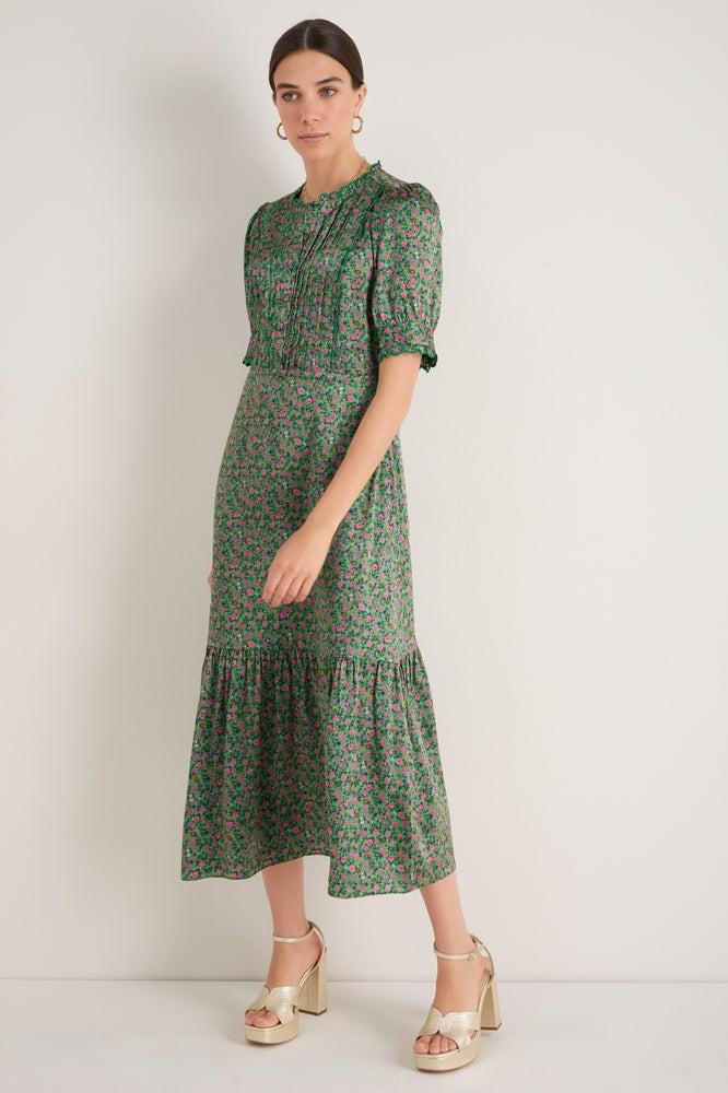 Finley Silk Dress - Jade Green Garden Floral