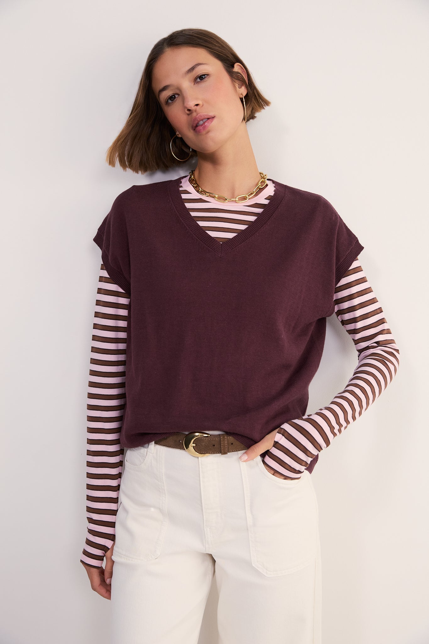 Fleur Linen Cotton V-Neck Tank - Raisin